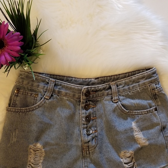 Jean Denim Button Distressed High Waist Rise Short - Picture 7 of 7